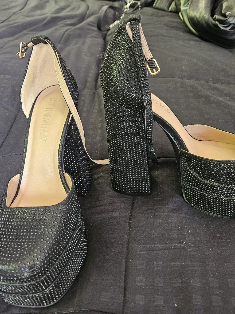 Studded Black Platform Block Heel Ankle-Strap Pumps